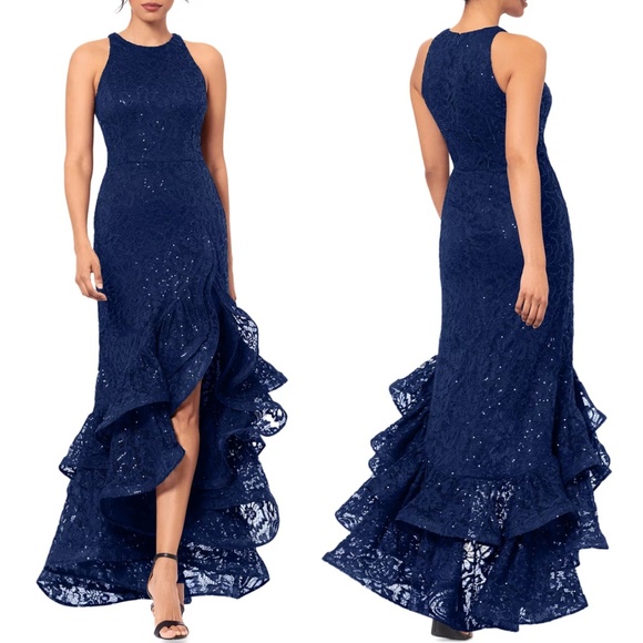 NEW BETSY & ADAM Navy Blue SEQUINED LACE Ruffle Hem TIERED Evening Dress GOWN - Picture 1 of 11